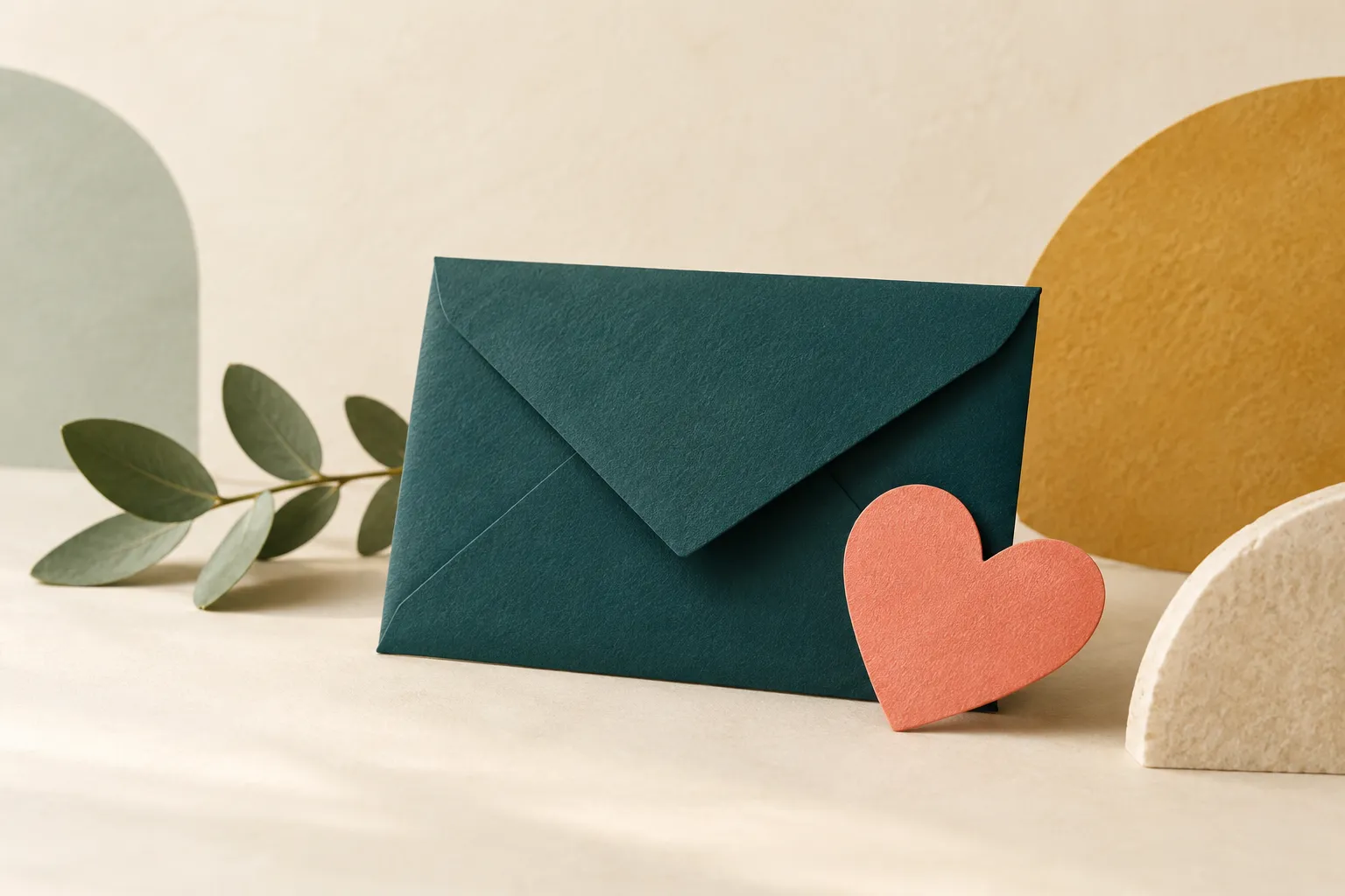 A teal gift envelope with a coral heart