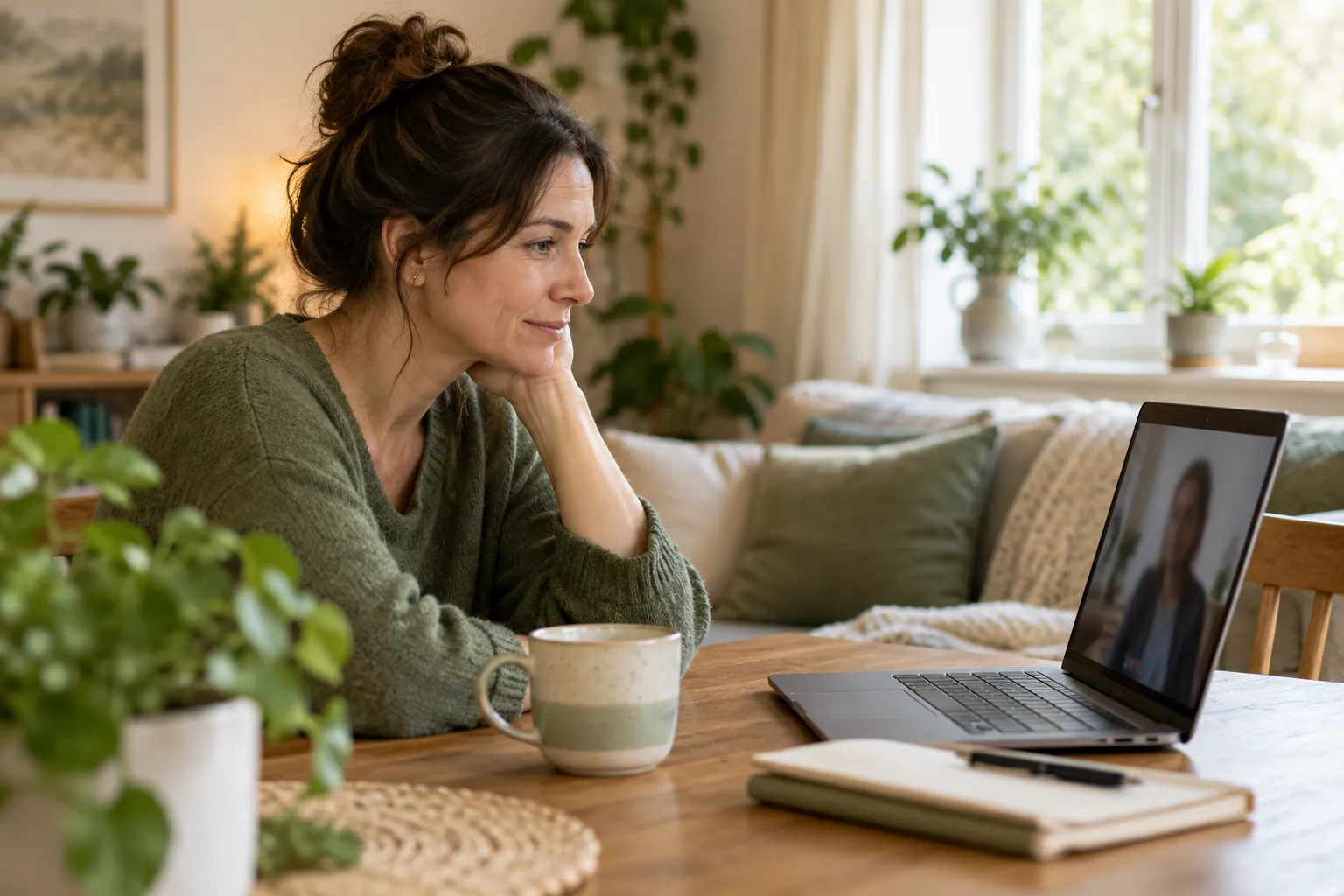 A person joining an online counselling session from home